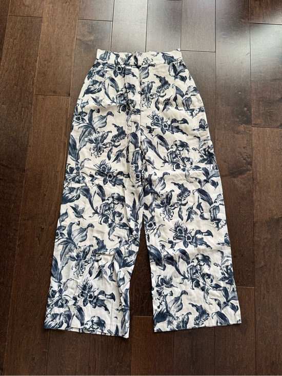 Frank & Oak Pants - Frank & Oak White Wide Leg Floral Pants with Navy Print